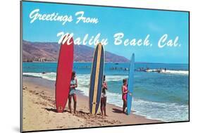 Greetings from Malibu Beach, California, Surfers-null-Mounted Art Print