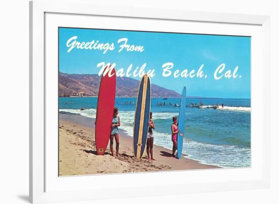 Greetings from Malibu Beach, California, Surfers-null-Framed Art Print