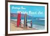 Greetings from Malibu Beach, California, Surfers-null-Framed Art Print