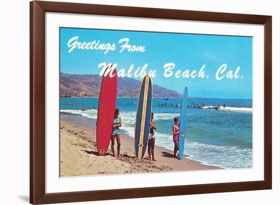 Greetings from Malibu Beach, California, Surfers-null-Framed Art Print