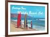 Greetings from Malibu Beach, California, Surfers-null-Framed Art Print