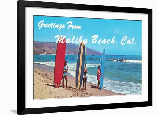 Greetings from Malibu Beach, California, Surfers-null-Framed Art Print