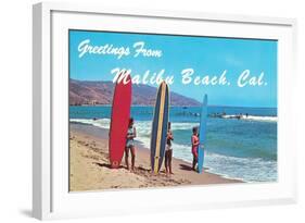 Greetings from Malibu Beach, California, Surfers-null-Framed Art Print