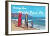 Greetings from Malibu Beach, California, Surfers-null-Framed Art Print