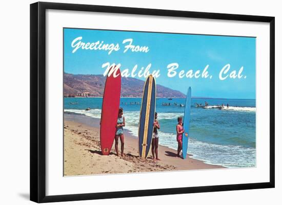 Greetings from Malibu Beach, California, Surfers-null-Framed Art Print