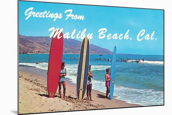 Greetings from Malibu Beach, California, Surfers-null-Mounted Art Print