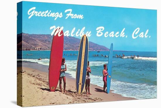 Greetings from Malibu Beach, California, Surfers-null-Stretched Canvas