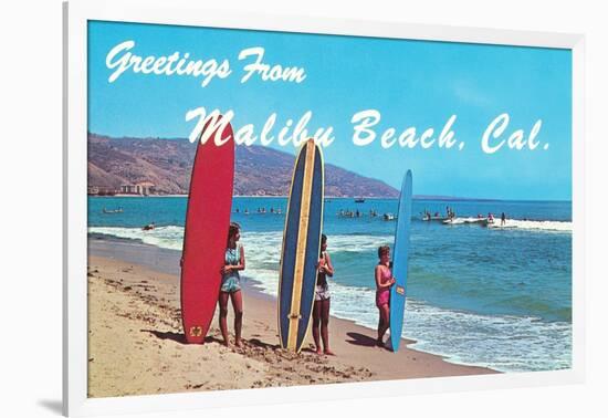 Greetings from Malibu Beach, California, Surfers-null-Framed Art Print