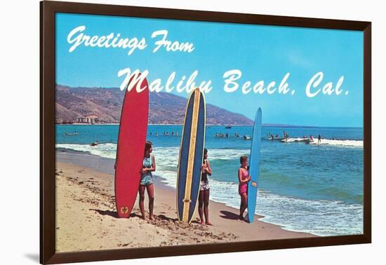 Greetings from Malibu Beach, California, Surfers-null-Framed Art Print