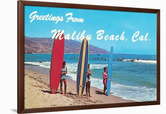 Greetings from Malibu Beach, California, Surfers-null-Framed Art Print