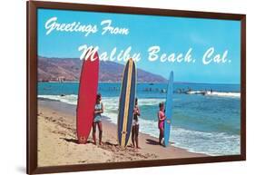 Greetings from Malibu Beach, California, Surfers-null-Framed Art Print