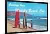 Greetings from Malibu Beach, California, Surfers-null-Framed Art Print