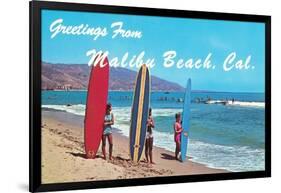 Greetings from Malibu Beach, California, Surfers-null-Framed Art Print