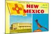 Greetings from New Mexico, Roadrunner and Roundhouse-null-Mounted Art Print