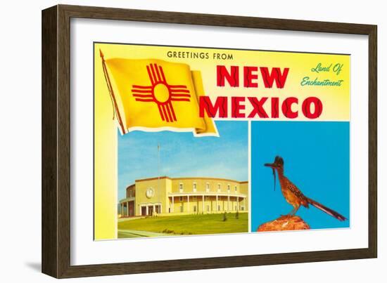 Greetings from New Mexico, Roadrunner and Roundhouse-null-Framed Art Print