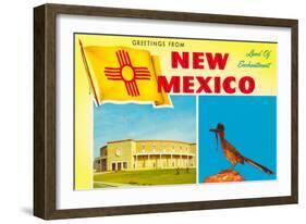 Greetings from New Mexico, Roadrunner and Roundhouse-null-Framed Art Print