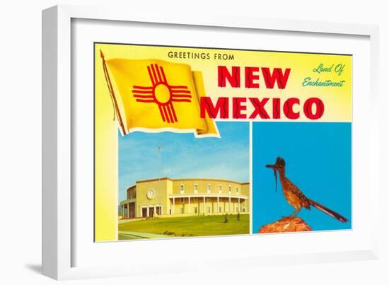 Greetings from New Mexico, Roadrunner and Roundhouse-null-Framed Art Print