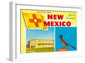 Greetings from New Mexico, Roadrunner and Roundhouse-null-Framed Art Print