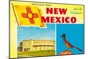 Greetings from New Mexico, Roadrunner and Roundhouse-null-Mounted Art Print