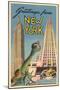 Greetings From New York with Statue of Liberty-null-Mounted Art Print