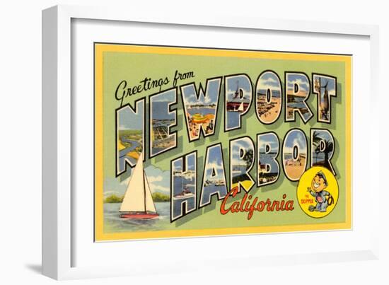 Greetings from Newport Harbor, California-null-Framed Art Print