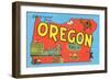 Greetings from Oregon, Map-null-Framed Art Print