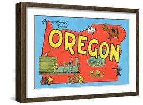 Greetings from Oregon, Map-null-Framed Art Print