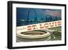 Greetings from St. Louis, Stadium, Arch-null-Framed Art Print