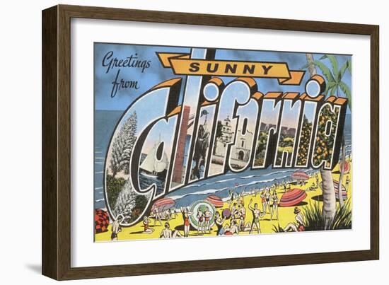 Greetings from Sunny California Beach Scene-null-Framed Art Print