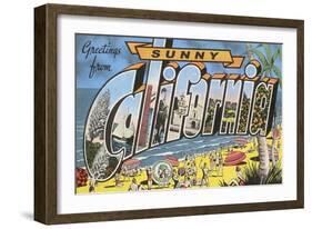 Greetings from Sunny California Beach Scene-null-Framed Art Print