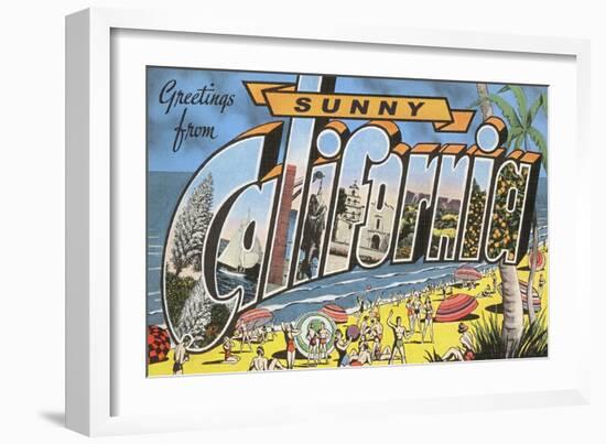 Greetings from Sunny California Beach Scene-null-Framed Art Print