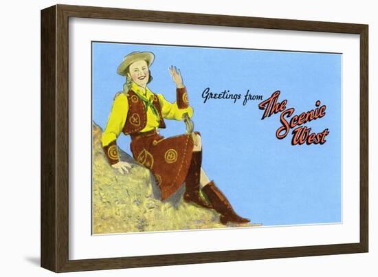 Greetings from the Scenic West, Cowgirl-null-Framed Art Print