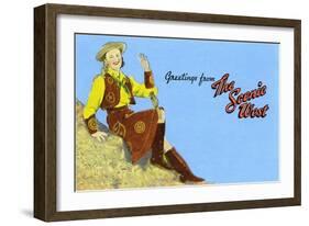 Greetings from the Scenic West, Cowgirl-null-Framed Art Print