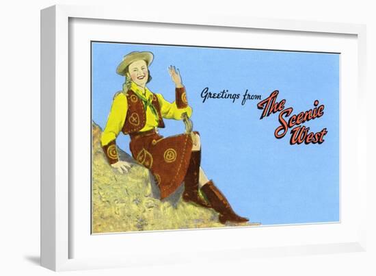 Greetings from the Scenic West, Cowgirl-null-Framed Art Print