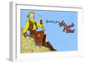 Greetings from the Scenic West, Cowgirl-null-Framed Art Print