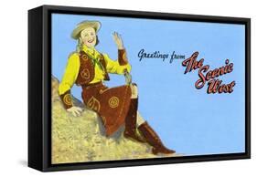 Greetings from the Scenic West, Cowgirl-null-Framed Stretched Canvas