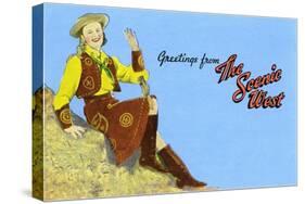 Greetings from the Scenic West, Cowgirl-null-Stretched Canvas