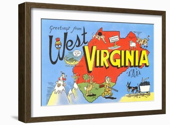 Greetings from West Virginia, Map, Cartoons-null-Framed Art Print