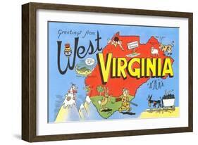 Greetings from West Virginia, Map, Cartoons-null-Framed Art Print