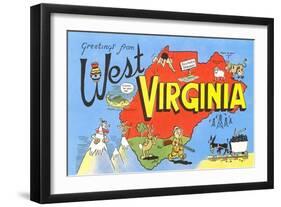 Greetings from West Virginia, Map, Cartoons-null-Framed Art Print