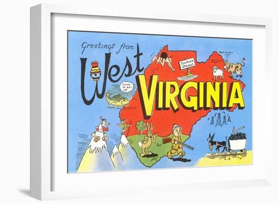 Greetings from West Virginia, Map, Cartoons-null-Framed Art Print