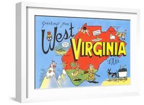 Greetings from West Virginia, Map, Cartoons-null-Framed Art Print