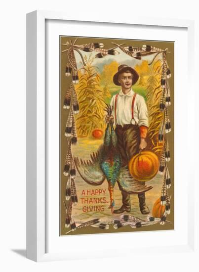 Greetings, Man with Turkey and Pumpkin-null-Framed Art Print