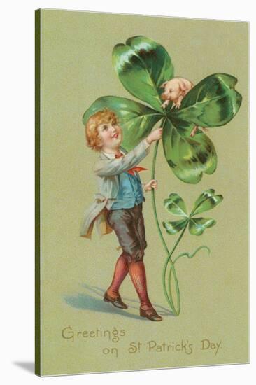 Greetings on St. Patricks Day, Pig and Giant Shamrock-null-Stretched Canvas