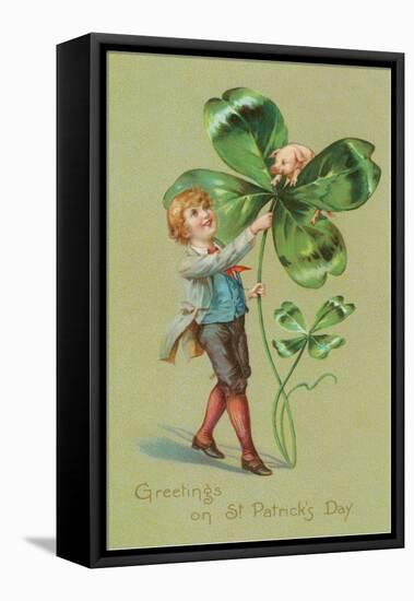 Greetings on St. Patricks Day, Pig and Giant Shamrock-null-Framed Stretched Canvas