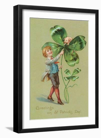 Greetings on St. Patricks Day, Pig and Giant Shamrock-null-Framed Art Print