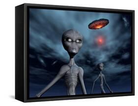 Grey Aliens and their Flying Saucer, Visiting Earth-null-Framed Stretched Canvas