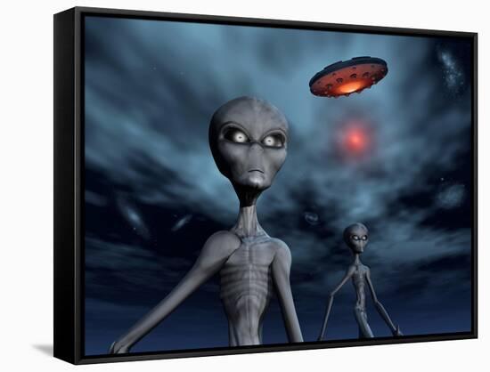 Grey Aliens and their Flying Saucer, Visiting Earth-null-Framed Stretched Canvas