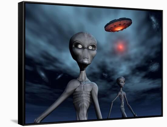 Grey Aliens and their Flying Saucer, Visiting Earth-null-Framed Stretched Canvas