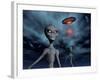 Grey Aliens and their Flying Saucer, Visiting Earth-null-Framed Art Print